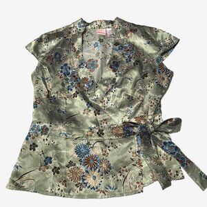 Vintage Y2K Top XL Asian Floral Wrap Satin Fairy Grunge Green Xhilaration